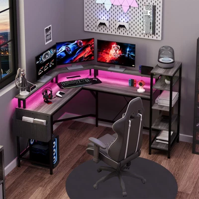 61" L Shaped Gaming Desk, With Monitor Stand, L-Shaped Corner Computer Desks, Built-in LED Lights And Side Storage Pockets, For Small Spaces 8 61" L Shaped Gaming Desk, With Monitor Stand, L-Shaped Corner Computer Desks, Built-in LED Lights And Side Storage Pockets, For Small Spaces - Image 8