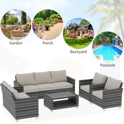 Outdoor Wicker Patio Furniture Sectional Set, Glass Top Table With Hidden Storage, Includes 7 Seating Components, Natural Rattan With Cushions 3 Outdoor Wicker Patio Furniture Sectional Set, Glass Top Table With Hidden Storage, Includes 7 Seating Components, Natural Rattan With Cushions - Image 3