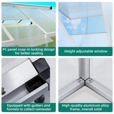 6x8 FT Greenhouses For Outdoors, Heavy Duty Aluminum Green House With Polycarbonate Roof, Sliding Door, Adjustable Vent For Garden, Backyard, Natural 3 6x8 FT Greenhouses For Outdoors, Heavy Duty Aluminum Green House With Polycarbonate Roof, Sliding Door, Adjustable Vent For Garden, Backyard, Natural - Image 3