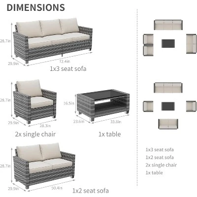 Outdoor Wicker Patio Furniture Sectional Set, Glass Top Table With Hidden Storage, Includes 7 Seating Components, Natural Rattan With Cushions 5 Outdoor Wicker Patio Furniture Sectional Set, Glass Top Table With Hidden Storage, Includes 7 Seating Components, Natural Rattan With Cushions - Image 5