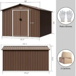 10X10 FT Outdoor Storage Shed, Galvanized Steel Storage Shed, Steel Sliding Doors, Weather Resistant, Garden Tool Shed With Lockable Door