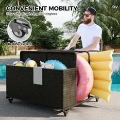 Outdoor Cart Storage Box, Iron Pipe & Woven Rattan, Swivel Wheels, Double Compartments, Large Basket, 39.4", Weather-Resistant, 110 Lbs Capacity
