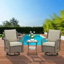 3 Piece Outdoor Patio Set - Wicker Rocking Bistro Set With 2 Swivel Chairs, Tempered Glass Top Table, Rattan Outdoor Furniture, For Porch Backyard -The Range Shop GUEST 0c978e48 b78c 48e8 8f6f 00bb74ce6fe5