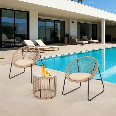 3 Piece Outdoor Seating Acapulco Chair Glass Top Side Table And 2 Chairs With Cushions PE Rattan All-Weather Patio Conversation Bistro Set 7 3 Piece Outdoor Seating Acapulco Chair Glass Top Side Table And 2 Chairs With Cushions PE Rattan All-Weather Patio Conversation Bistro Set - Image 7