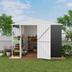 Weatherproof Garden Tool Shed,Outdoor Storage Shed With Shelf, Lockable Doors & Open Shelves For Lawn Equipment, Patio Furniture, 8×10 FT