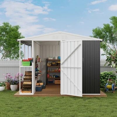Weatherproof Garden Tool Shed,Outdoor Storage Shed With Shelf, Lockable Doors & Open Shelves For Lawn Equipment, Patio Furniture, 8×10 FT 1 Weatherproof Garden Tool Shed,Outdoor Storage Shed With Shelf, Lockable Doors & Open Shelves For Lawn Equipment, Patio Furniture, 8×10 FT