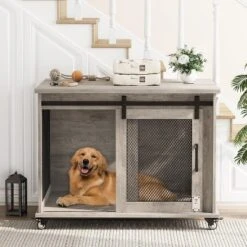 37 Inch Dog Crate Furniture, Indoor Dog Cage With Sliding Barn Door, Flip Top Dog Kennel End Table With Removable Divider -The Range Shop GUEST 103b8dee 5051 4364 b602 459568799fc9