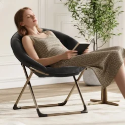 Saucer Chair, Comfy Chair Faux Fur Lounge Moon Chair With Folding Metal Frame, Flower Accent Seat