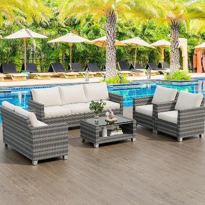 Outdoor Wicker Patio Furniture Sectional Set, Glass Top Table With Hidden Storage, Includes 7 Seating Components, Natural Rattan With Cushions 7 Outdoor Wicker Patio Furniture Sectional Set, Glass Top Table With Hidden Storage, Includes 7 Seating Components, Natural Rattan With Cushions - Image 7