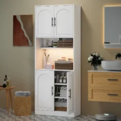 71 Inch Tall Kitchen Pantry Cabinet With Microwave Stand & Led Lights, Hutch Storage Cabinet, Slim Wood Cupboard For Dining Rooms, Apartments, White -The Range Shop GUEST 1fd5d54c fc28 479d b877 cd18d88f99d0