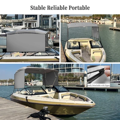 4 Bow Bimini Tops For Boat, Boat Canopy With Zippered Side Curtains, Marine Grade Canvas & PU-Coated Fabric, Include 2 Straps, 2 Rear Support Pole 1 4 Bow Bimini Tops For Boat, Boat Canopy With Zippered Side Curtains, Marine Grade Canvas & PU-Coated Fabric, Include 2 Straps, 2 Rear Support Pole