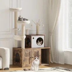 Litter Box Enclosure With Cat Tree Tower & Condo - Hidden Pet Washroom With Sisal Scratching Post, Hammocks, Condo, Multi Platform, Soft Plush Perch -The Range Shop GUEST 283e74d2 f7bd 4f26 8efa 91cab96704fc