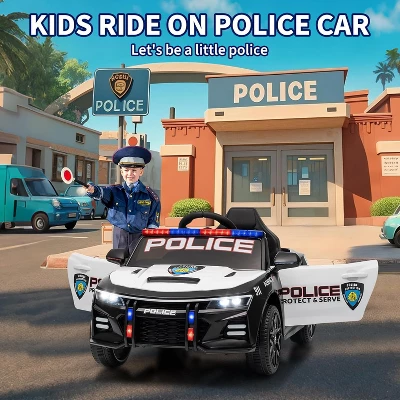 12V Kids Police Ride-On Car, Remote Control Electric Toy With LED Lights, Music, Horn & Safety Belt 1 12V Kids Police Ride-On Car, Remote Control Electric Toy With LED Lights, Music, Horn & Safety Belt