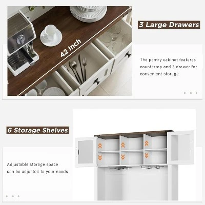 Farmhouse Coffee Bar Cabinet, 72" Tall Kitchen Hutch With 2 Sliding Barn Doors, 3 Drawers, Wine & Glass Rack, Pantry Storage Cabinets For Dining Room 2 Farmhouse Coffee Bar Cabinet, 72" Tall Kitchen Hutch With 2 Sliding Barn Doors, 3 Drawers, Wine & Glass Rack, Pantry Storage Cabinets For Dining Room - Image 2