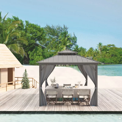 12x12FT Hardtop Gazebo, Aluminum Frame W/ Double Galvanized Steel Roof, Outdoor Metal Pavilion W/ Netting Curtains For Patio, Garden, Lawn, Backyard 7 12x12FT Hardtop Gazebo, Aluminum Frame W/ Double Galvanized Steel Roof, Outdoor Metal Pavilion W/ Netting Curtains For Patio, Garden, Lawn, Backyard - Image 7