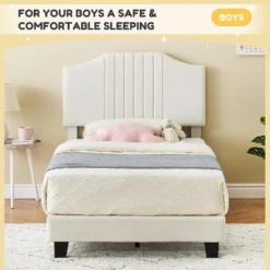 DobleePy Twin Plus Size Beige Kids Bed, Sturdy Velvet Headboard, Oak Wood Slats, Squeak Resistant, No Box Spring Needed, Easy Assembly -The Range Shop GUEST 2deb4d8c 04ac 4333 8ec1 19fc04ce437c