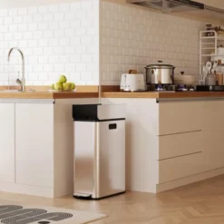 15-Gallon Dual Trash Can, Step-On Pedal Kitchen Trash Bin With Butterfly Lid, Removable Inner Bucket