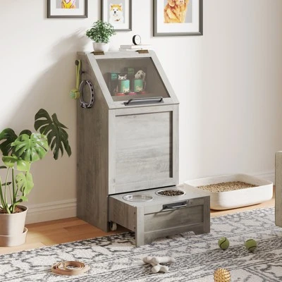 Top Opening Dog Feeding Station, Wooden Dog Food Storage Cabinet With 2 Elevated Dog Bowls, 3 Hooks, Hidden Design, Large Pet Food Storage 9 Top Opening Dog Feeding Station, Wooden Dog Food Storage Cabinet With 2 Elevated Dog Bowls, 3 Hooks, Hidden Design, Large Pet Food Storage - Image 9