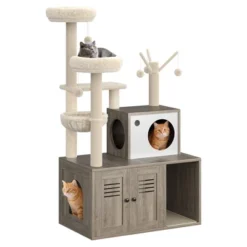 Litter Box Enclosure With Cat Tree Tower & Condo - Hidden Pet Washroom With Sisal Scratching Post, Hammocks, Condo, Multi Platform, Soft Plush Perch -The Range Shop GUEST 315da0fc 5db2 4e88 8b88 ec091f4e4749