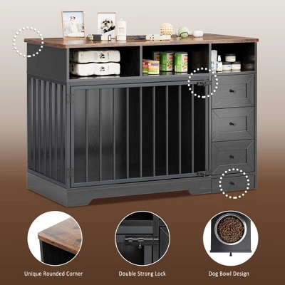 48'' High Quality Wood Dog Crate Furniture With Bowl & Storage Drawers For Small Medium, Black 3 48'' High Quality Wood Dog Crate Furniture With Bowl & Storage Drawers For Small Medium, Black - Image 3