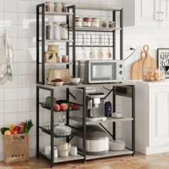Bakers Rack With Power Outlets & Hooks, Industrial Microwave Stand With Storage, Slim Coffee Bar Station Kitchen Shelves For Small Spaces -The Range Shop GUEST 35f62e05 23c6 45ef 8df8 ac6f0c044196