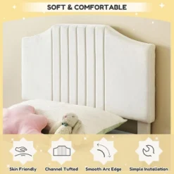 DobleePy Twin Plus Size Beige Kids Bed, Sturdy Velvet Headboard, Oak Wood Slats, Squeak Resistant, No Box Spring Needed, Easy Assembly -The Range Shop GUEST 37a90886 f435 4469 993e 0fefd9b7b72f