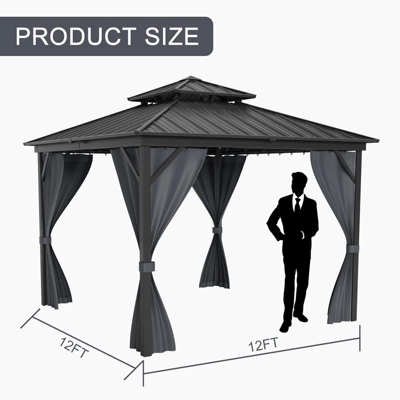 12x12FT Hardtop Gazebo, Aluminum Frame W/ Double Galvanized Steel Roof, Outdoor Metal Pavilion W/ Netting Curtains For Patio, Garden, Lawn, Backyard 3 12x12FT Hardtop Gazebo, Aluminum Frame W/ Double Galvanized Steel Roof, Outdoor Metal Pavilion W/ Netting Curtains For Patio, Garden, Lawn, Backyard - Image 3