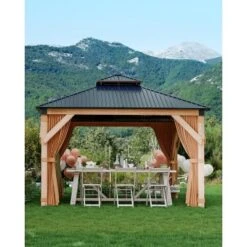 10x10 FT Hardtop Wood Gazebo For All Weather, Double Metal Roof, Wooden Frame, Net, And Curtain, For Patio, Deck, Backyard, Lawn, And Garden, Khaki -The Range Shop GUEST 3ba721cb 731f 402f 9b9b 9ba5bf5f42c7