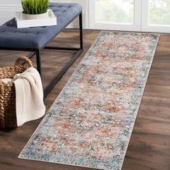 Indoor Vintage Floral Print Living Room Bedroom Area Rugs, Low Pile Non Slip Floor Carpet For Dining Room Office