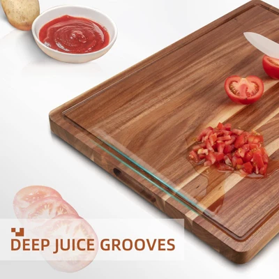 Large Acacia Wood Cutting Board, 20x15 Inch, Wooden Charcuterie Boards Butcher Block With Deep Juice Grooves & Recessed Handle For Kitchen, 2 Pack 2 Large Acacia Wood Cutting Board, 20x15 Inch, Wooden Charcuterie Boards Butcher Block With Deep Juice Grooves & Recessed Handle For Kitchen, 2 Pack - Image 2