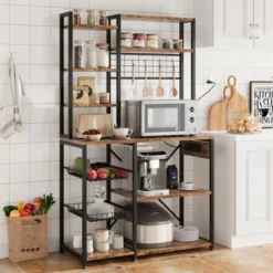 Bakers Rack With Power Outlets & Hooks, Industrial Microwave Stand With Storage, Slim Coffee Bar Station Kitchen Shelves For Small Spaces -The Range Shop GUEST 3f1b3704 aa47 468d 9e0f c566e270e85e