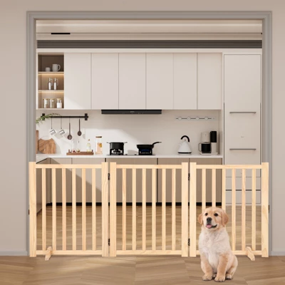 Wooden Freestanding Dog Gate, Folding Wooden Gates For Dogs Indoor For Doorways Stairs , Panel Dog Gate With No-Slip Mat 1 Wooden Freestanding Dog Gate, Folding Wooden Gates For Dogs Indoor For Doorways Stairs , Panel Dog Gate With No-Slip Mat