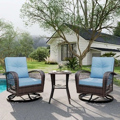 3 Pieces Outdoor Swivel Patio Rocking Chairs, Outdoor Wicker Patio Furniture, 2 Glider Chairs & Side Table, For Backyard, Garden, Balcony, Deck 7 3 Pieces Outdoor Swivel Patio Rocking Chairs, Outdoor Wicker Patio Furniture, 2 Glider Chairs & Side Table, For Backyard, Garden, Balcony, Deck - Image 7