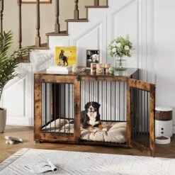 Wooden Dog Crate With Dual Locking Doors, Chew-Resistant Breed Indoor Kennel, Pet Cage End Table