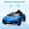 12V Kids Ride On Car, Sports Licensed Corvette Electric Car Toy For Toddles, With Remote Control, Visual Dashboard, LED Lights, Music, For Kids 3-10
