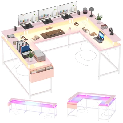 U Shaped Gaming Desk, Reversible Shaped Large Computer Desk With Monitor Stand, Large Corner Office Desk Storage Bag And Hooks, Pink 8 U Shaped Gaming Desk, Reversible Shaped Large Computer Desk With Monitor Stand, Large Corner Office Desk Storage Bag And Hooks, Pink - Image 8