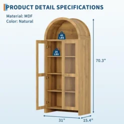 70 Inch Tall Arched Pantry Cabinet With Acrylic Doors - 5-Tier Adjustable Shelf, Wooden Storage, Modern Bookshelf For Kitchen, Dining, Living Room