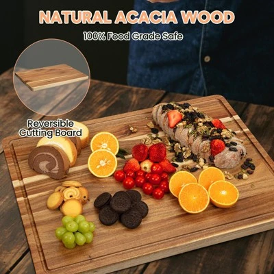 Large Acacia Wood Cutting Board, Reversible Charcuterie Board Cheese Board With Deep Groove 2 Large Acacia Wood Cutting Board, Reversible Charcuterie Board Cheese Board With Deep Groove - Image 2