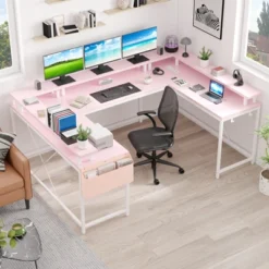 U Shaped Gaming Desk, Reversible Shaped Large Computer Desk With Monitor Stand, Large Corner Office Desk Storage Bag And Hooks, Pink