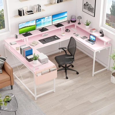 U Shaped Gaming Desk, Reversible Shaped Large Computer Desk With Monitor Stand, Large Corner Office Desk Storage Bag And Hooks, Pink 1 U Shaped Gaming Desk, Reversible Shaped Large Computer Desk With Monitor Stand, Large Corner Office Desk Storage Bag And Hooks, Pink