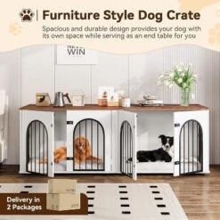71" Large Dog Crate Furniture For 2 Dogs, Wooden Double Dog Crate, Indoor Dog Kennel TV Stand With Divider And Cushion For Large Medium Dogs,White -The Range Shop GUEST 4b11509f b12a 4407 9831 b9619cdd016e