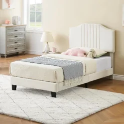 DobleePy Twin Plus Size Beige Kids Bed, Sturdy Velvet Headboard, Oak Wood Slats, Squeak Resistant, No Box Spring Needed, Easy Assembly -The Range Shop GUEST 4c7a3b2f ac30 4557 a7c4 d8e41f5719a9