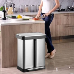 16 Gal Dual Kitchen Trash Can, Stainless Steel Double Garbage Can With Inner Bucket, Soft-Close Lid