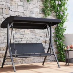 3-Seat Outdoor Porch Swing Chair, Patio Hanging Swing With Adjustable Canopy And Armrests