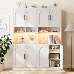 71 Inch Tall Kitchen Pantry Cabinet With Microwave Stand & Led Lights, Hutch Storage Cabinet, Slim Wood Cupboard For Dining Rooms, Apartments, White -The Range Shop GUEST 510f3dc7 8111 4fa9 9392 3feef6283ee7