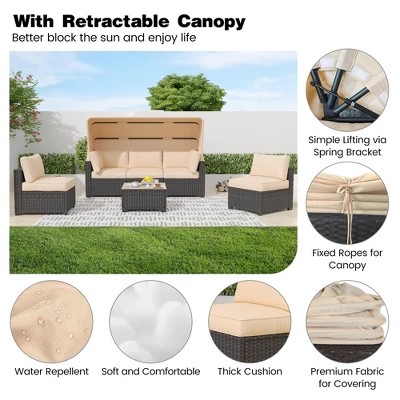 6-Piece Outdoor Daybed Patio Set With Adjustable Backrests, Canopy, PE Wicker Sectional & Tempered Glass Side Table 2 6-Piece Outdoor Daybed Patio Set With Adjustable Backrests, Canopy, PE Wicker Sectional & Tempered Glass Side Table - Image 2