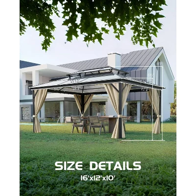 12'x16' Hardtop Gazebo, Outdoor Polycarbonate Double Roof Canopy, Aluminum Frame Pergola With Curtains And Netting For Garden, Patio, Lawns, Khaki 4 12'x16' Hardtop Gazebo, Outdoor Polycarbonate Double Roof Canopy, Aluminum Frame Pergola With Curtains And Netting For Garden, Patio, Lawns, Khaki - Image 4