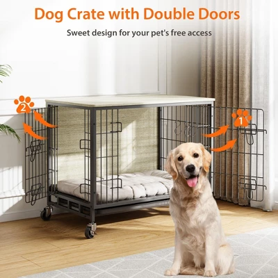 27.2" Modern Double Door Wooden Dog Kennel For Indoor Use With Removable Tray And Mobility Wheels 4 27.2" Modern Double Door Wooden Dog Kennel For Indoor Use With Removable Tray And Mobility Wheels - Image 4