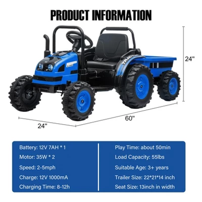 Kids Ride On Tractor Car, 12V Battery Powered Electric Tractor With Remote Control, Bluetooth, Music, USB, LED Lights, Audio, Safety Belt 3 Kids Ride On Tractor Car, 12V Battery Powered Electric Tractor With Remote Control, Bluetooth, Music, USB, LED Lights, Audio, Safety Belt - Image 3