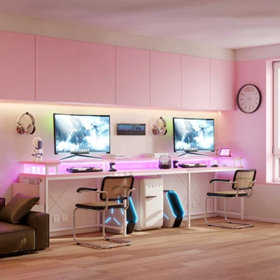 U Shaped Gaming Desk, Reversible Shaped Large Computer Desk With Monitor Stand, Large Corner Office Desk Storage Bag And Hooks, Pink 4 U Shaped Gaming Desk, Reversible Shaped Large Computer Desk With Monitor Stand, Large Corner Office Desk Storage Bag And Hooks, Pink - Image 4